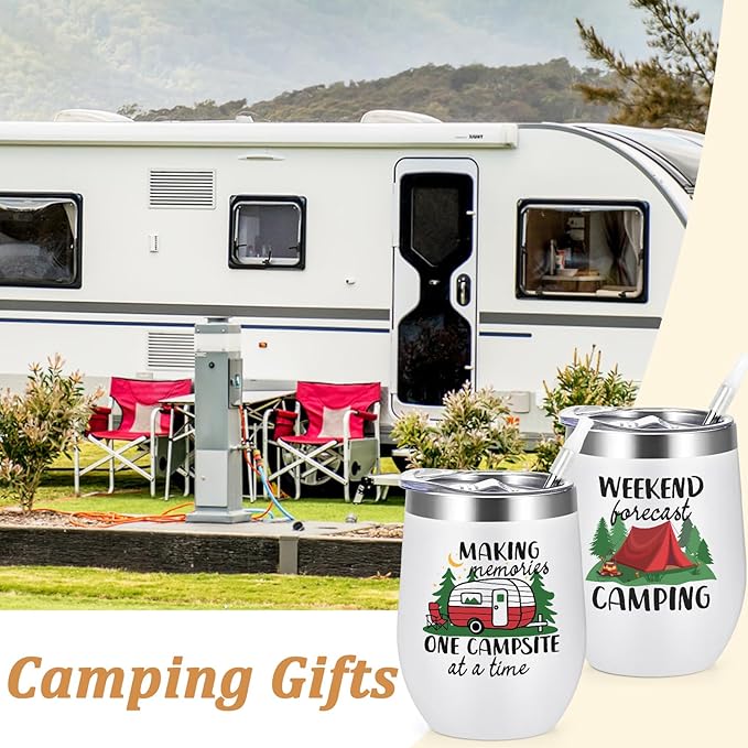 Lifecapido Camping Gifts 2 Pack Stainless Steel Wine Tumblers, Camper Holiday Birthday Christmas Gifts for Women Men Capmer RV Campers (12oz, White)