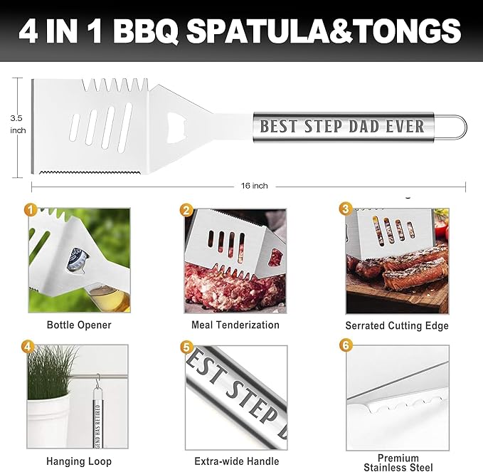 Step Dad Gifts, Gift for Stepdad from Step Daughter on Christmas Grilling Accessories, Heavy Duty Stainless Steel Grill Set BBQ Grill Tools for Outdoor Grill with Aluminum Case, Camping Grill Utensils