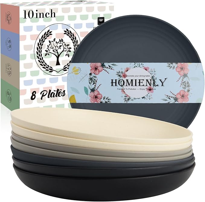 Homienly Premium Wheat Straw Dinner Plates, Reusable 8 PCS Unbreakable Plates 10 inch Plate Set, Alternative Plastic Plate Microwave and Dishwasher Safe Plates Set for Home - GreyStone
