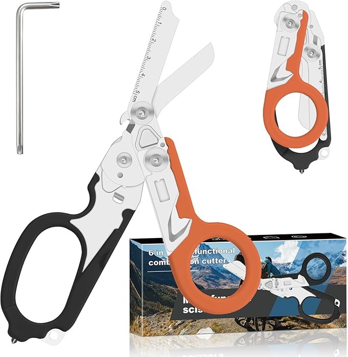 Lemasa6 in 1 6 in 1 trauma shears, Folding Retractable Emergency Shears, Outdoor Camping Tools, Seat Belt Cutter, Oxygen Cylinder Wrench, Complimentary Adjustable Wrench (Black Orange)