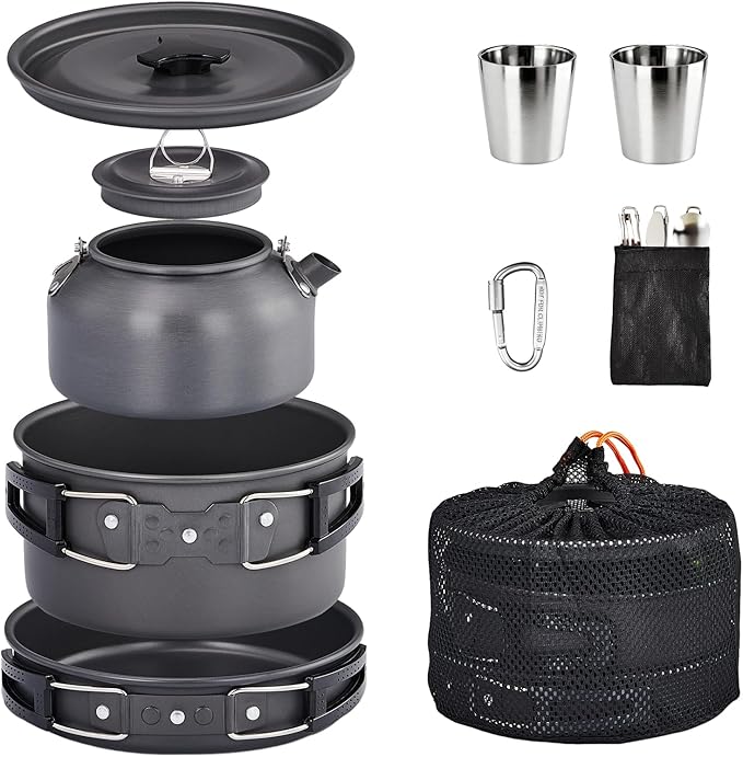 ROVSUN 34/10/6 pcs Camping Cookware Mess Kit, Lightweight Non-Stick Camping Cooking Pot and Pan Set with Stainless Steel Camping Gear Kettle Cup for Open Fire, Backpacking, Outdoor Cooking