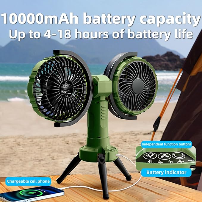 Camping Fan with Light,10000 mAh Rechargeable Battery Powered Tent Ceiling Cooler Fans,270° Oscillating 360°Rotating Portable Camping Essentials Gear for Outdoor Canopy,Travel(Deep Green)