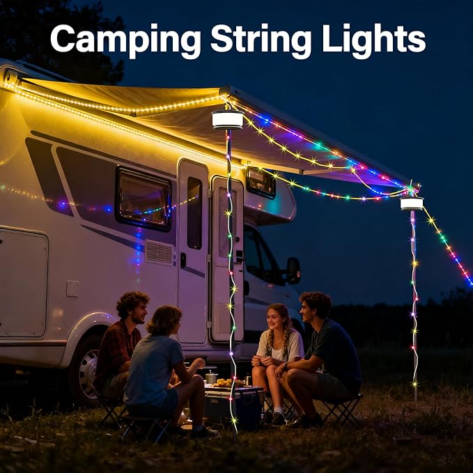 2 Pieces Camping String Lights, 3 in 1 Quick Storage 32.8FT Rechargeable Fairy String Lights with 6 Lighting Modes, Portable LED Lamp for Christmas Decor Patio Party Camping Essentials