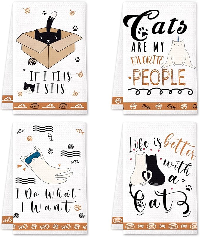 Cat Kitchen Towels Set of 4 Funny Decorative Hand Towels Absorbent Drying Tea Dish Towel for Cooking Baking Home Decorations,16 X 24 inches