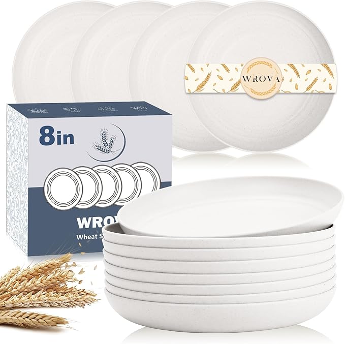 Wrova Wheat Straw Plates - 8 Inch Unbreakable Dinner Plates Set of 8 - Dishwasher & Microwave Safe Plastic Plates Reusable for Kitchen,R.V. (White)