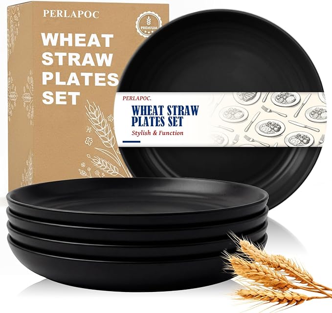 Deep Dinner Plates Set of 6, 9 inch Wheat Straw Plates, Unbreakable Lightweight Kids Plates, Alternative to Plastic Reusable Plate for Kitchen & Outdoor, Black