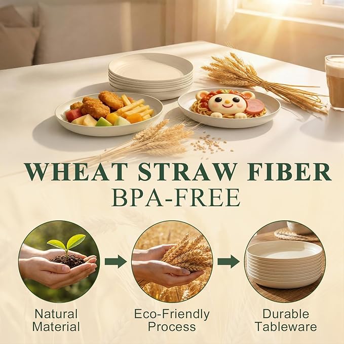 Kitchen Plates Set for 8, Wheat Straw Plate 8 Inch, Unbreakable & Lightweight Plastic Plates, Microwave and Dishwasher Safe Serving Plate for Camping, School, Dorm - Beige