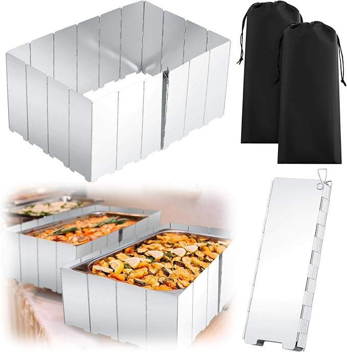 MorningRo 2 Pcs 40 Plate Chafing Dish Wind Stove Camping Guard 67 x 7.8'' Stainless Steel Wind Cover Folding Outdoor Windscreen with Drawstring Bag for Camp Picnic Burner Guard (Sliver)
