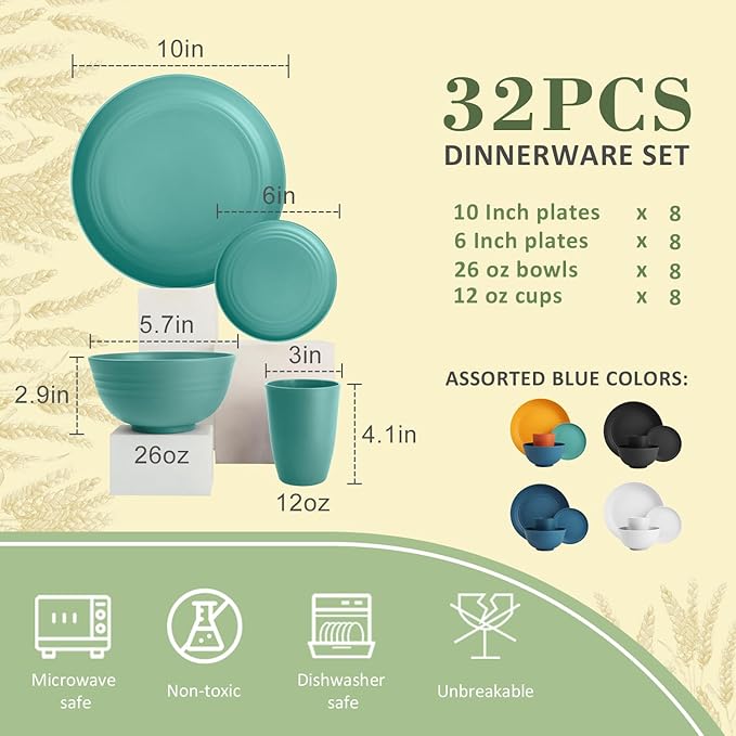 Wrova Wheat Straw Dinnerware Set of 32,Unbreakable Dinner Plates and Bowls Dishes Sets Service for 8,Dishwasher Safe Dinnerware Sets for Kitchen and Camping.Green