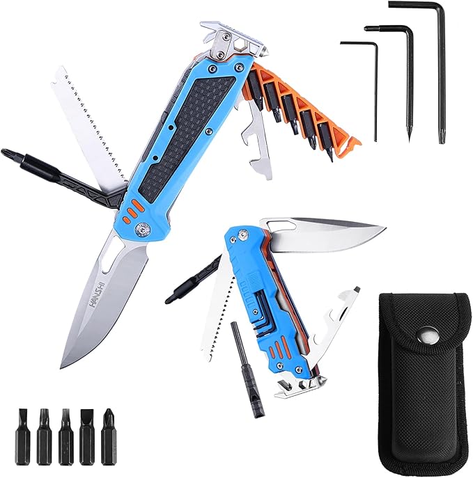 HANSHI 13 in 1 Multitool Knife with Nylon Sheath for Camping,Hiking,Survival,Outdoor Multi Tool Pocket Knife with Window Breaker,Birthday Christmas Valentine's Day Gift for Dad Mens Boyfriend(Blue)