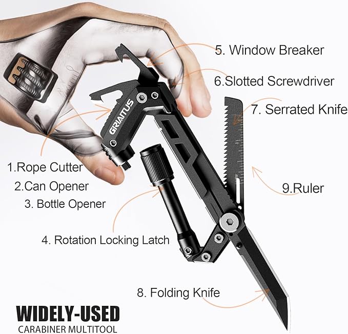 Carabiner Multitool 8-in-1 EDC Carabiners Pocket Knife, Serrated Knife, Rope Cutter, Screwdriver, Can Bottle Opener, Ruler, Survival Gear for Camping Climbing Hiking, Gifts for Men (Black)
