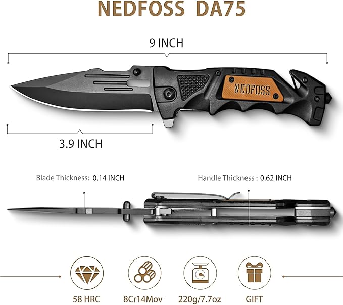 NedFoss Pocket Folding Knife DA75, 3 in 1 Pocket Knife Gifts for Men Women, Survival Knife with Liner-Lock Belt Clip, Seat Belt Cutter, Glass Breaker, Hunting knife for Camping Hiking