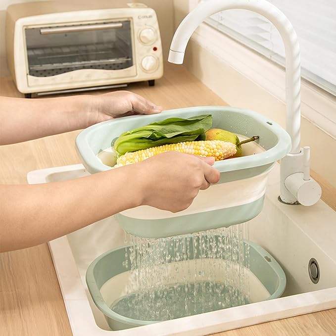 Collapsible Dish Basin with Colander, Foldable 2-in-1 Dish Pan and Strainer Set with Drain Holes, Portable Wash Basin for Kitchen Sink, Camping, Travel & RV (Green)