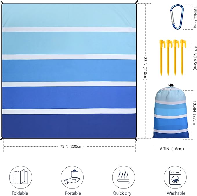WIWIGO Beach Blanket Waterproof Sandproof Beach Mat 79" X 83"/10'x9'for 2-8 Adults Quick Drying Outdoor Picnic Mat Beach Accessories for Travel, Camping, Hiking