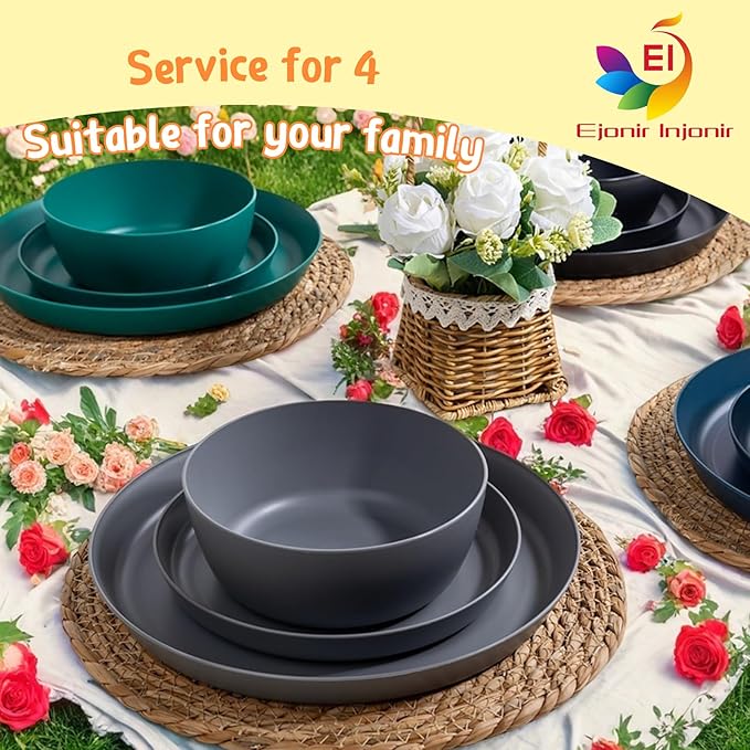 EI 12pcs Wheat Straw Plates,Plastic Plates Reusable,Unbreakable Plastic Plate,Wheat Straw Dinnerware Set,Melamine Plate-Black,Dark Grey,Dark Green,Dark Blue,Dinner, Camping,Picnic