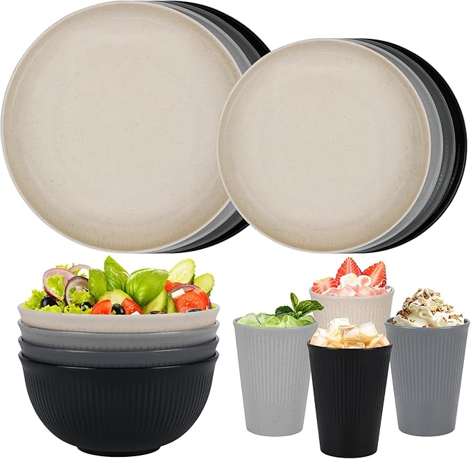 Unbreakable Dinnerware Sets for 4 People,16pcs Camping Plates and Bowls Set, Reusable Picnic Set plastic Plates, Cups, Bowls for Children, Adult, Party, Home