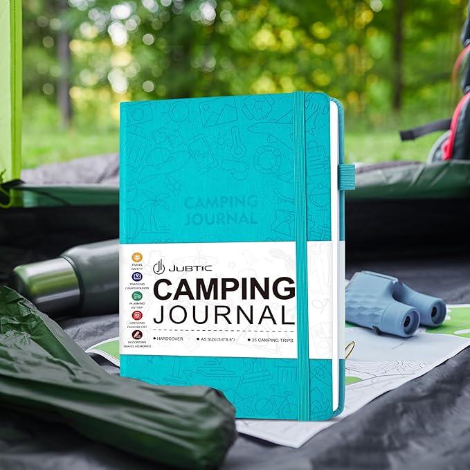 JUBTIC Camping Journal and RV Travel Log Book, A5 Adventure Journal for 25 Camping, Hiking Journal, Family Travel Books Camper Essentials Camping Gifts for Women-Turquoise