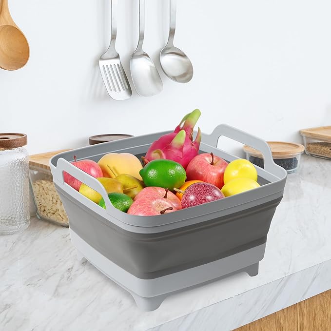 Tiawudi Dishpan for Washing Dishes, 2.4Gal/9L Wash Basin with Draining Plug Carry Handles, Collapsible Bucket for Cleaning, Portable Sink, Foldable Plastic Tub, 1PC