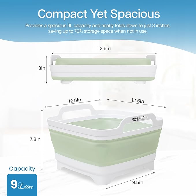 EZuraa 2.4gal(9L) Green Collapsible Dish Basin, Portable Sink or Dish Pan for Kitchen Sink with Drain Plug/Strainer, Space Saving Baby Bottle Wash Basin Collapsible Bucket, Beverage Tub for Camping