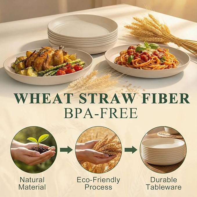Dinner Plates Set for 8, Wheat Straw Plate 10 Inch, Unbreakable Serving Plates for Salad, Fruit, Microwave and Dishwasher Safe Round Plate for Restaurant, Camping, Kitchen - Beige