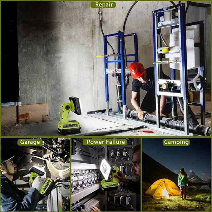 Choerinton 2000LM LED Work Light for Ryobi 18V Battery, 18W Cordless Rechargeable Jobsite Light with Adjustable Rotating Head, USB Powered Portable Floodlight for Outdoor Camping, Car Repair, Garage