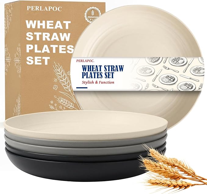 Unbreakable Deep Dish Plates 6-Piece Set, 9 Inch Wheat Straw Dinner Plates, Reusable Plastic Plates for Kids & Adults, Lightweight Microwave and Dishwasher Safe Plate Set, Grey Stone