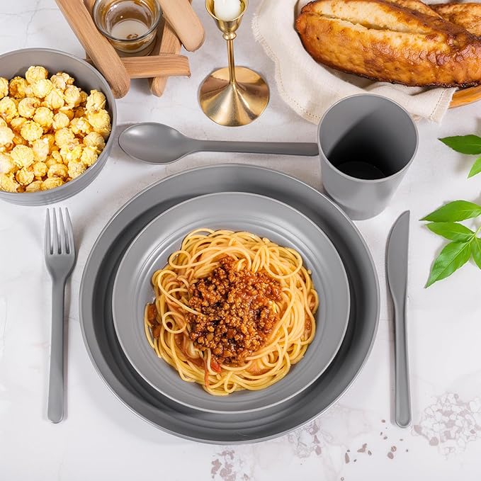 LIYH 28 Pcs Dark Grey Plates and Bowls Dinnerware Sets, Dish Set for 4, Unbreakable Reusable Plate, Wheat Straw Plates and Bowls Apply to Kitchen & Camping
