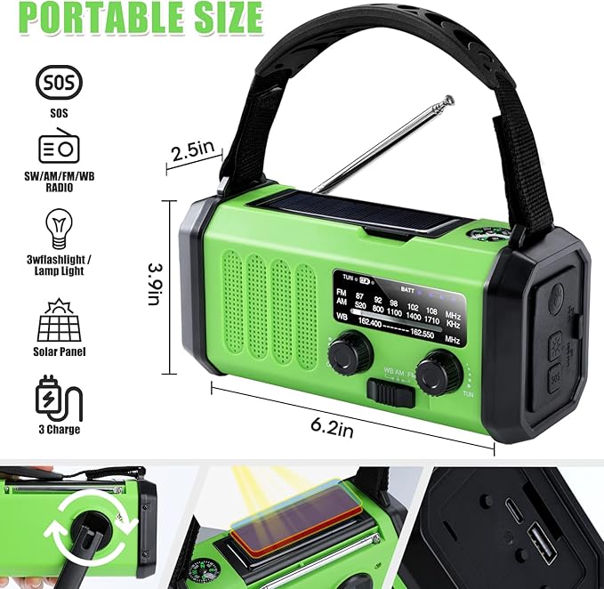 Leaton Emergency Radio with Solar/Hand Crank/USB Charging, 10000mAh Rechargeable Battery,NOAA/AM/FM Weather Radio with Multi-Function Flashlight and Cell Phone Charger for Indoor/Outdoor Emergencies