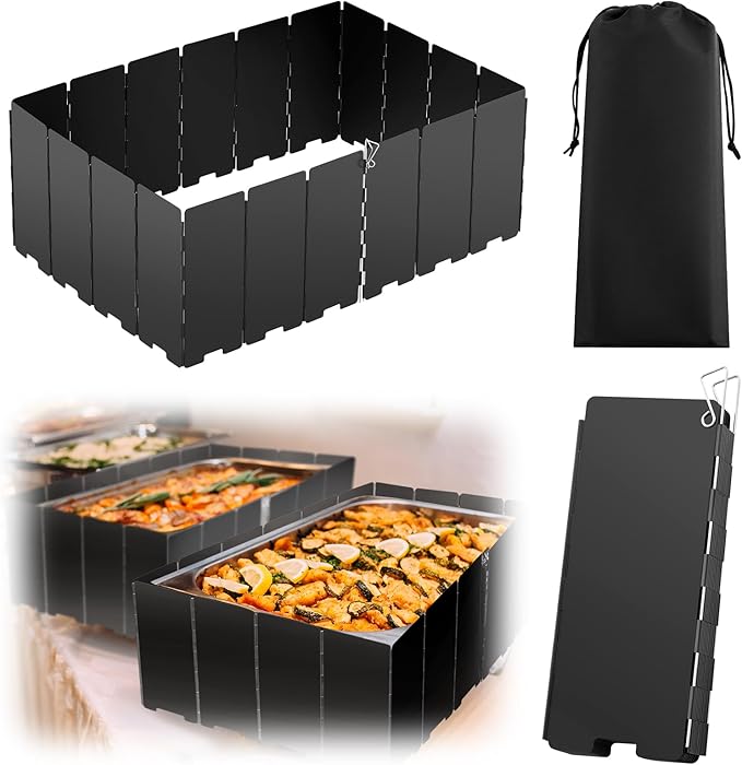 MorningRo 1 Pcs 20 Plate Chafing Dish Wind Stove Camping Guard 67 x 7.8'' Stainless Steel Wind Cover Folding Outdoor Windscreen with Drawstring Bag for Camp Picnic Burner Guard (Black)