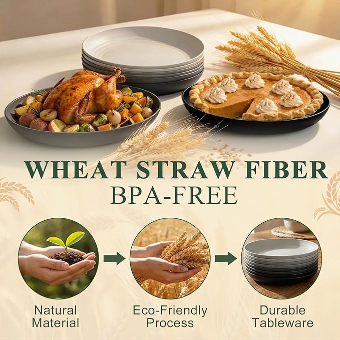 Kitchen Plates Set for 8, Unbreakable Wheat Straw Plates 11 Inch, Alternative to Plastic Plates Reusable, Microwavable Large Plates for Kitchen, Outdoor, Dinner, Party - BlackGrey