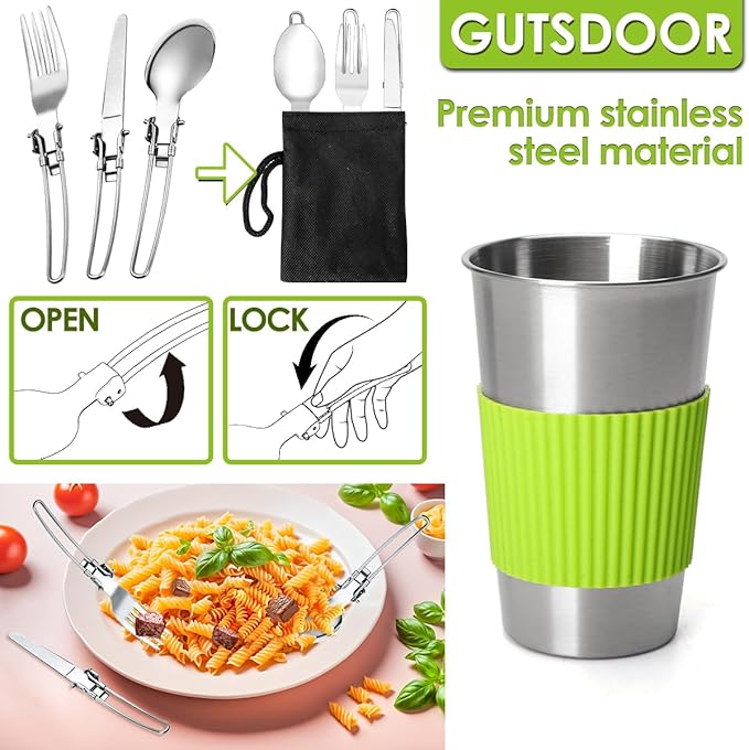 Gutsdoor Camping Cookware Set Camping Gear Campfire Utensils Non-Stick Cooking Equipment Lightweight Stackable Pot Pan Bowls with Storage Bag for Outdoor Hiking