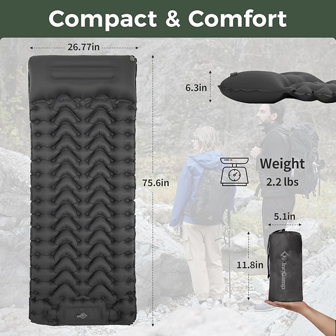 KingCamp Sleeping Pad for Camping, Ultralight Connectable Inflatable Sleeping Pad Camping Mattress with 6.3" Built-in Pillow & Foot Pump for Backpacking Hiking Tent Cot