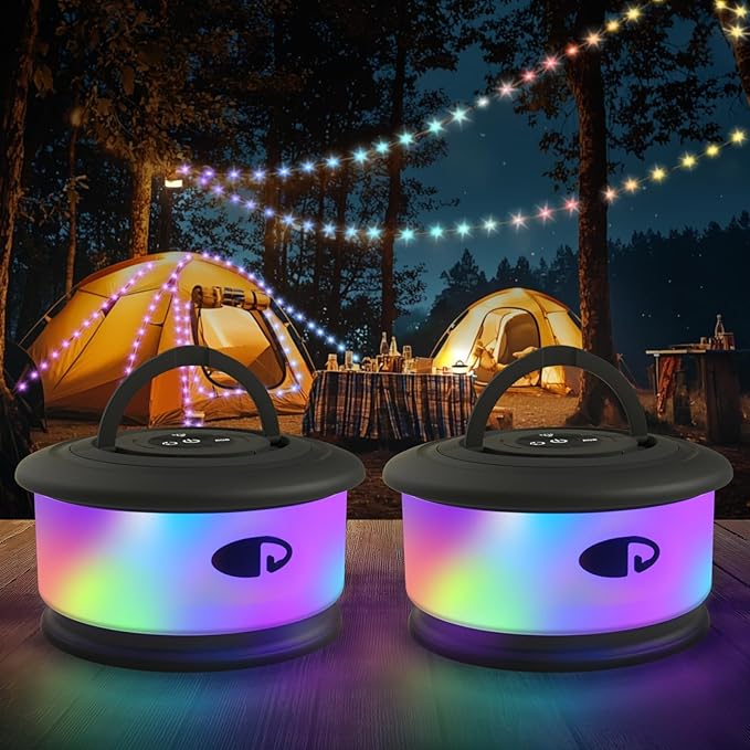 TOHETO 2-Pack Camping String Lights, 3 in 1 Upgraded Retractable RGB Outdoor String Lights with 19 Lighting Modes, Quick 30s Recovery, 32.8 FT Portable Tent Light, Rechargeable Camping Lantern (Black)