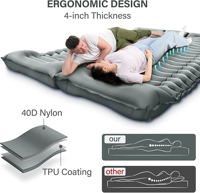 Yuzonc Double Camping Sleeping Pad – 4" Ultra-Thick Foot-Pump Design, Lightweight 2-Person Inflatable Sleeping Mat with Pillow for Backpacking, Hiking, Travel, Tent – Gray
