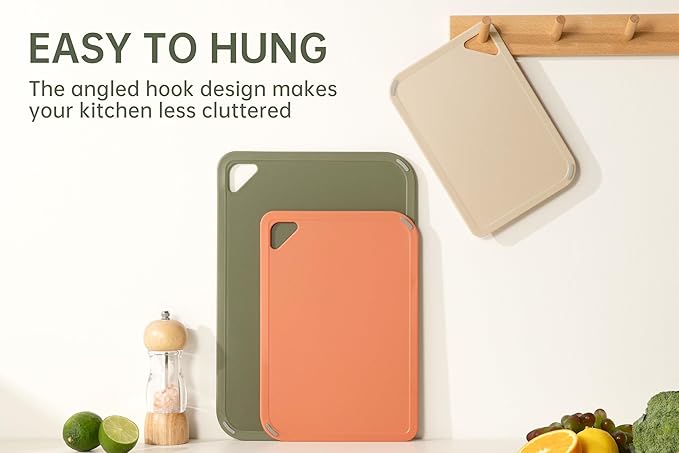 THETCHRY Plastic Cutting Board Set, Cutting Boards for Kitchen BPA Free, Large-Small Chopping Boards Set of 3 Non-Slip for Cooking Camping Dishwasher Safe, Reversible, with Grip Handle, 15"×10"×0.6"