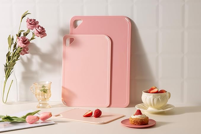 THETCHRY Plastic Cutting Board Set, Pink Cutting Board with Non-slip, Cutting Board for Kitchen Set of 3, Dishwasher Safe, BPA Free, Reversible, with Grip Handle, Pink