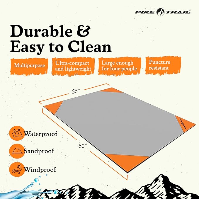 Pike Trail - Outdoor Pocket Blanket - Lightweight, Durable and Waterproof Blanket - Beach, Hiking, Picnic and Camping Essentials - 60” x 56” - Gray