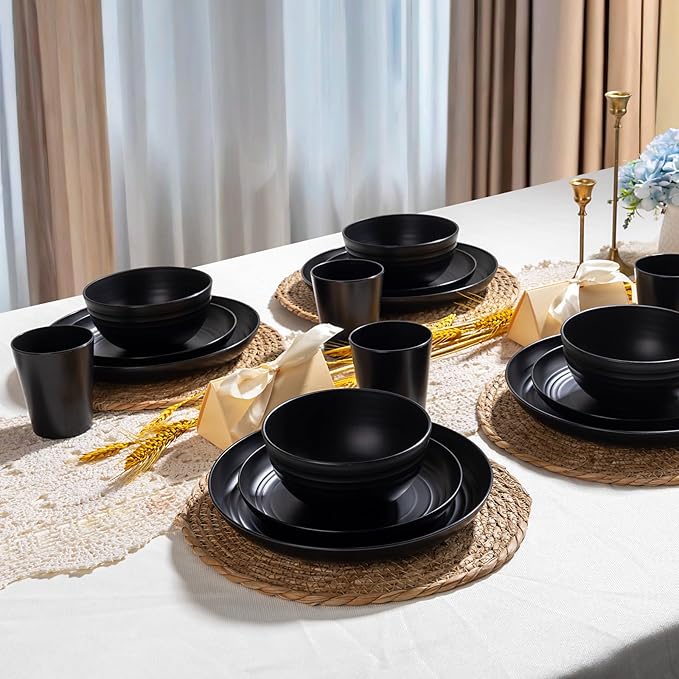 LIYH 24 Pcs Black Wheat Straw Dinnerware Sets, Unbreakable Plates and Bowls Set Plastic Dinnerware Set Include Wheat Straw Plates, Bowls, Cups, Dishes for Kitchen& Camping
