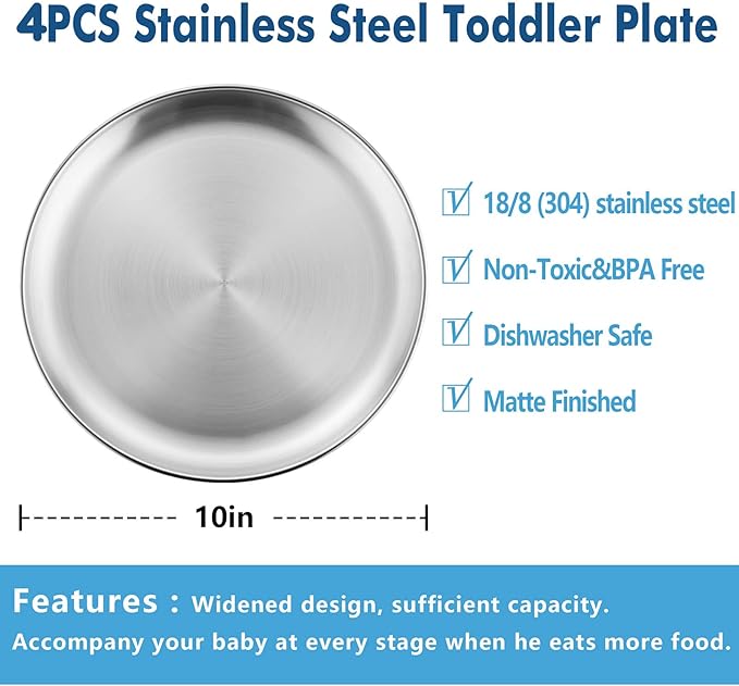 HaWare 4-Piece 18/8 Stainless Steel Plates, Metal 304 Dinner Dishes for Kids Toddlers Children, 10 Inches Feeding Serving Camping Plates, Reusable and Dishwasher Safe