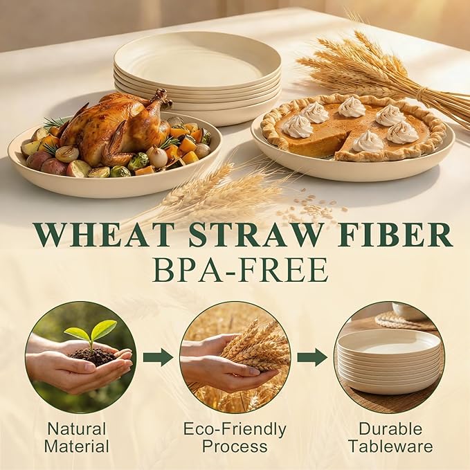 Large Dinner Plates Set for 8, Wheat Straw Plate 11 Inch, Unbreakable & Lightweight Serving Plates, Microwave & Dishwasher Safe Big Plate for Restaurant, Camping, Kitchen - Beige