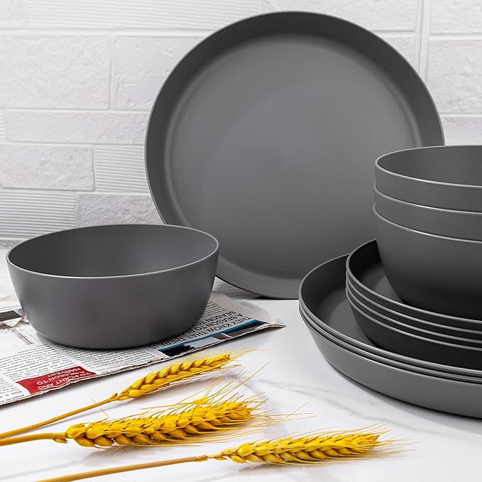 EI 12pcs Wheat Straw Dinnerware Set of 4,Kitchen Plates and Bowls,Reuasble Plates,Unbreakable Dinner Plate,Hard Premium Plastic Plate for Camping,Picninc,Halloween