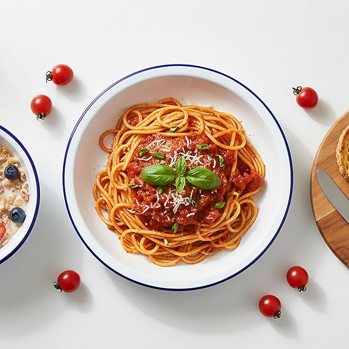 Dicunoy Set of 5 Enamel Plates, 9.5" Unbreakable Enamelware Dinner Serving Platter Trays, Retro White Round Shallow Bowls with Blue Rim for Pasta, Salad, Camping, Outdoor, Picnic, BBQ