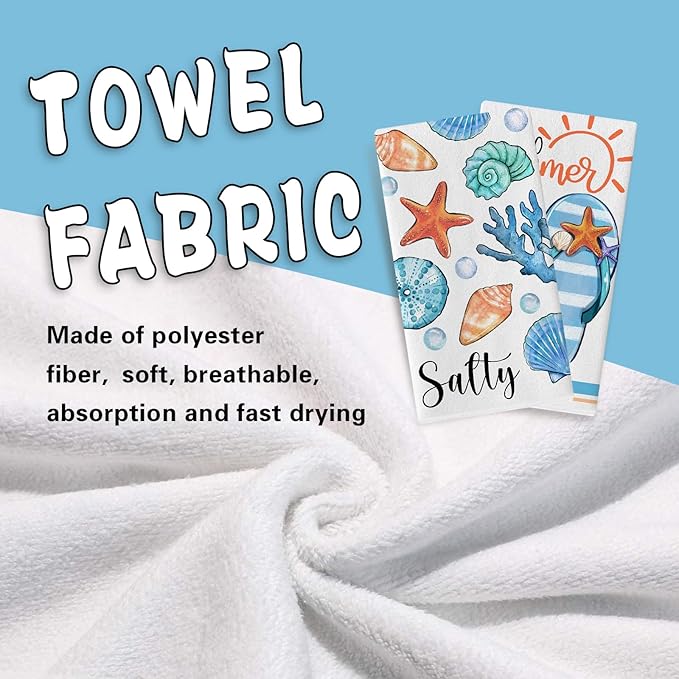 Hello Summer Flip Flops Kitchen Dish Towels Set of 2, Beach Coastal Starfish Conch Coral Drying Hand Towels Baking Cooking Cloth, Sun Bubble Salty Nautical Home Kitchen Decoration 18 x 26 in