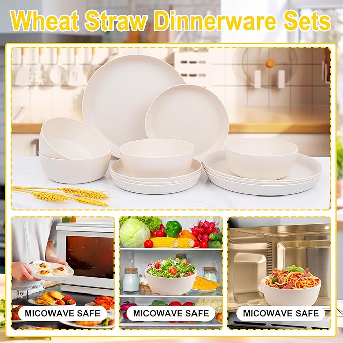 EI 12pcs Wheat Straw Dinnerware Set of 4,Reusable Plastic Plates,Unbreakable Dinner Plates,Deep Dinner Hard Premium Plastic Plate,Microwave Dishwasher Safe for Camping,Picninc,Family Dinner