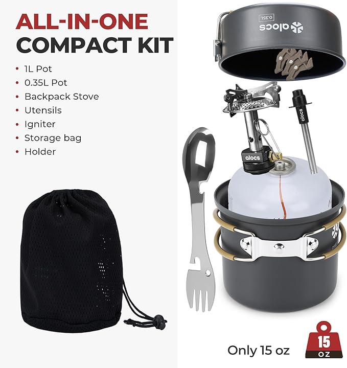 Alocs 9pcs Camping Cookware Kit, Non-Stick Lightweight Camping Pots with 3200w Stove, Igniter & Gas Canister Stand, 5-in-1 Utility Spork for Hiking, Solo Camping, Backpacking, Outdoor Cooking, Picnic