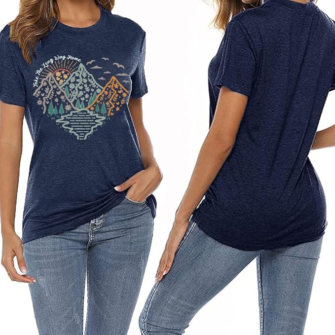 Happy Camp T-Shirt Women Hiking Mountain Adventure Novelty Workout Funny Saying Cute Graphic Athletic Shirt