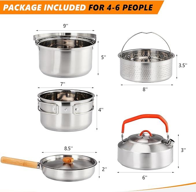 ROVSUN 34/10/6 pcs Camping Cookware Mess Kit, Lightweight Non-Stick Camping Cooking Pot and Pan Set with Stainless Steel Camping Gear Kettle Cup for Open Fire, Backpacking, Outdoor Cooking