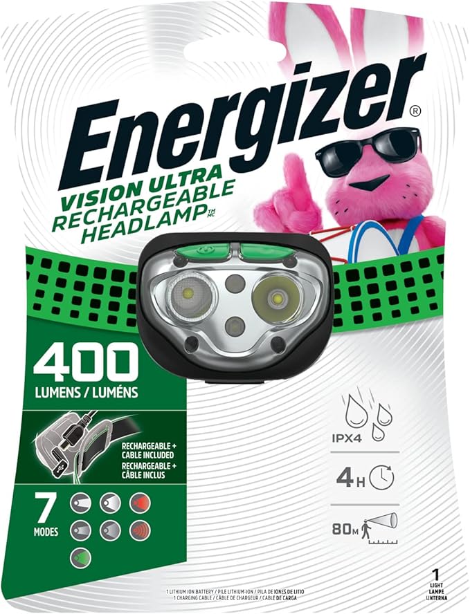 Energizer Vision LED Rechargeable Headlamp, Water Resistant Bright LED Headlamp for Outdoors, Camping Gear and Hurricane Supplies, Includes USB Charging Cable, Pack of 1