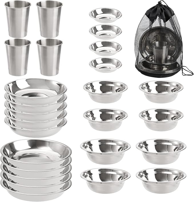 TOPZEA Set of 26 Stainless Steel Camping Plates and Bowls, Camping Mess Kits Camping Dish Set Tableware Includes Plates, Bowl, Cups, Stainless Steel Dinnerware for Camping, Hiking, Travel, Picnic
