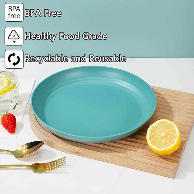 Wheat Straw Plates, Unbreakable Dinner Plates Set of 4, 8 Inch Plastic Plate Reusable, Dishwasher & Microwave Safe, Lightweight Salad Plates for Camping/Kitchen (Dark Green)